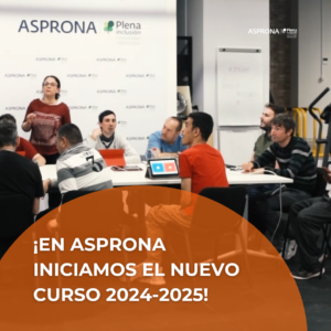 Reunión alrededor de una mesa añadido digitalmente el texto "¡en asprona iniciamos el nuevo curso 2024-2025!